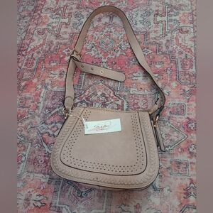 Tan Shoulder Bag with Gold Hardware‎ and Flap Closure